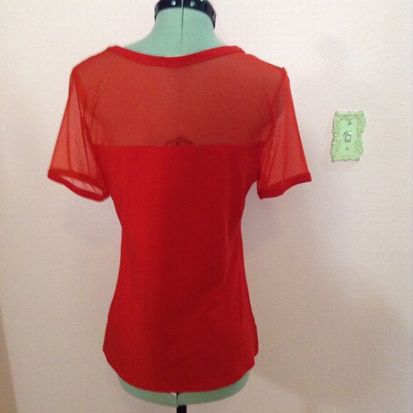 Red Short-Sleeved Jersey Mesh Illusion Top - Picture 3 of 4